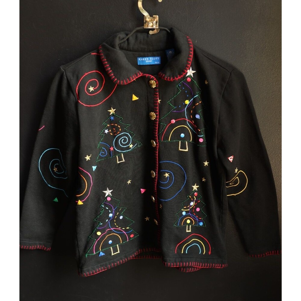 Vintage Karen Scott Sport Ugly Christmas Tree Beaded Cardigan Black Rainbow PS
